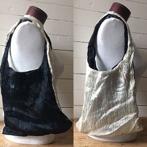 Silk Plisse Two-Sided Crinkle Purse Shoulder Bag Mini Tote Black/Off-White